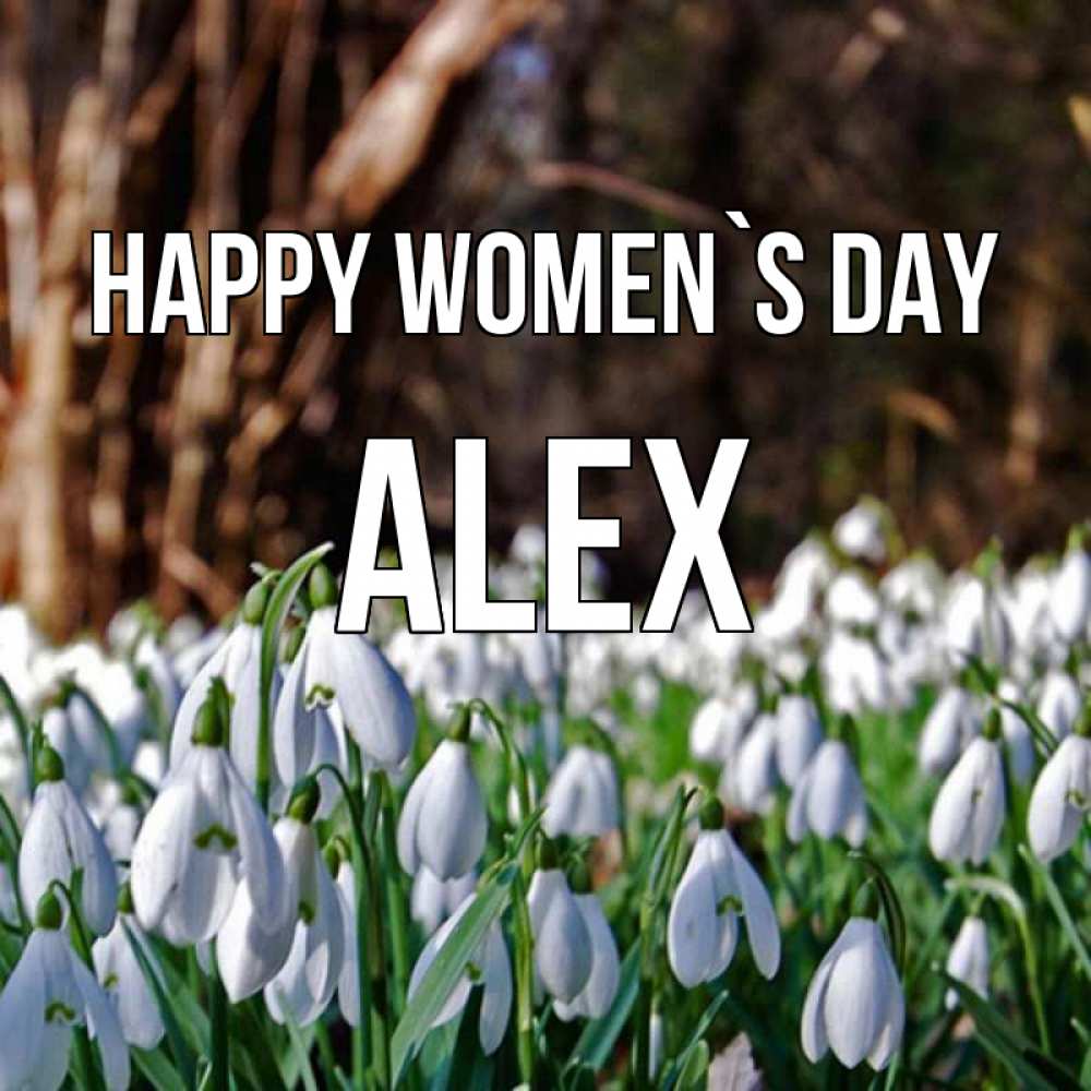 Greetings card с именем, Alex happy women`s day с подснежниками 1 Greetings with text for free download 